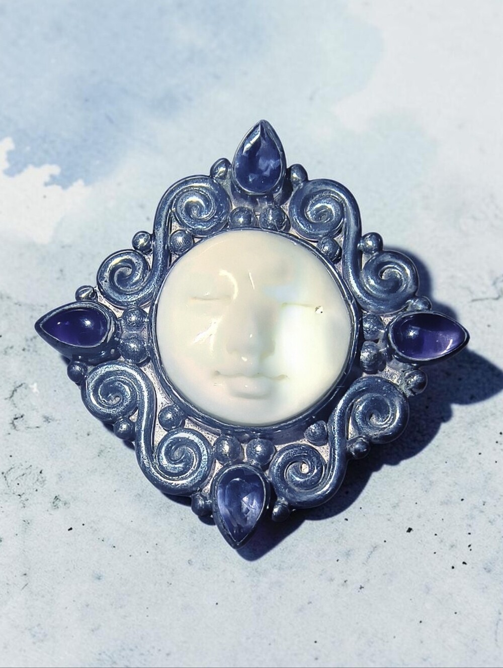 Sajen Bali Amethyst, Sterling Silver and Bone Goddess Pendant or Brooch